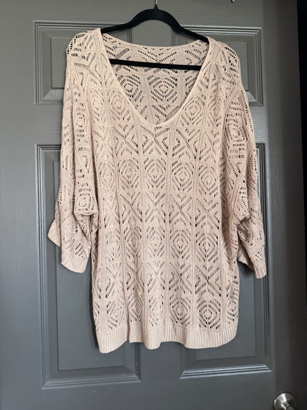 Beige Open-Knit V-Neck Sweater